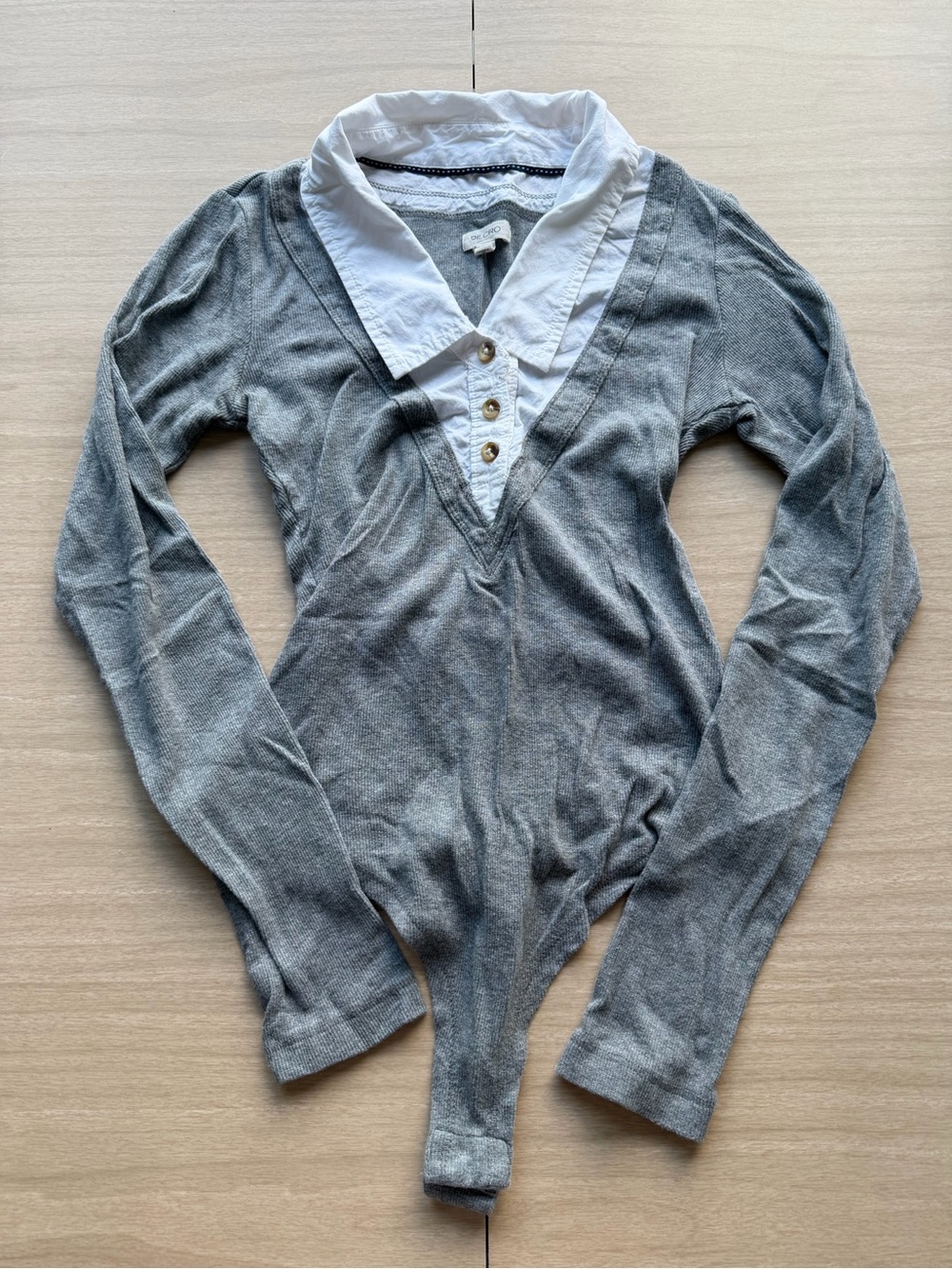 Anthropologie Women’s Gray Long-Sleeve Bodysuit with White Collar XXS